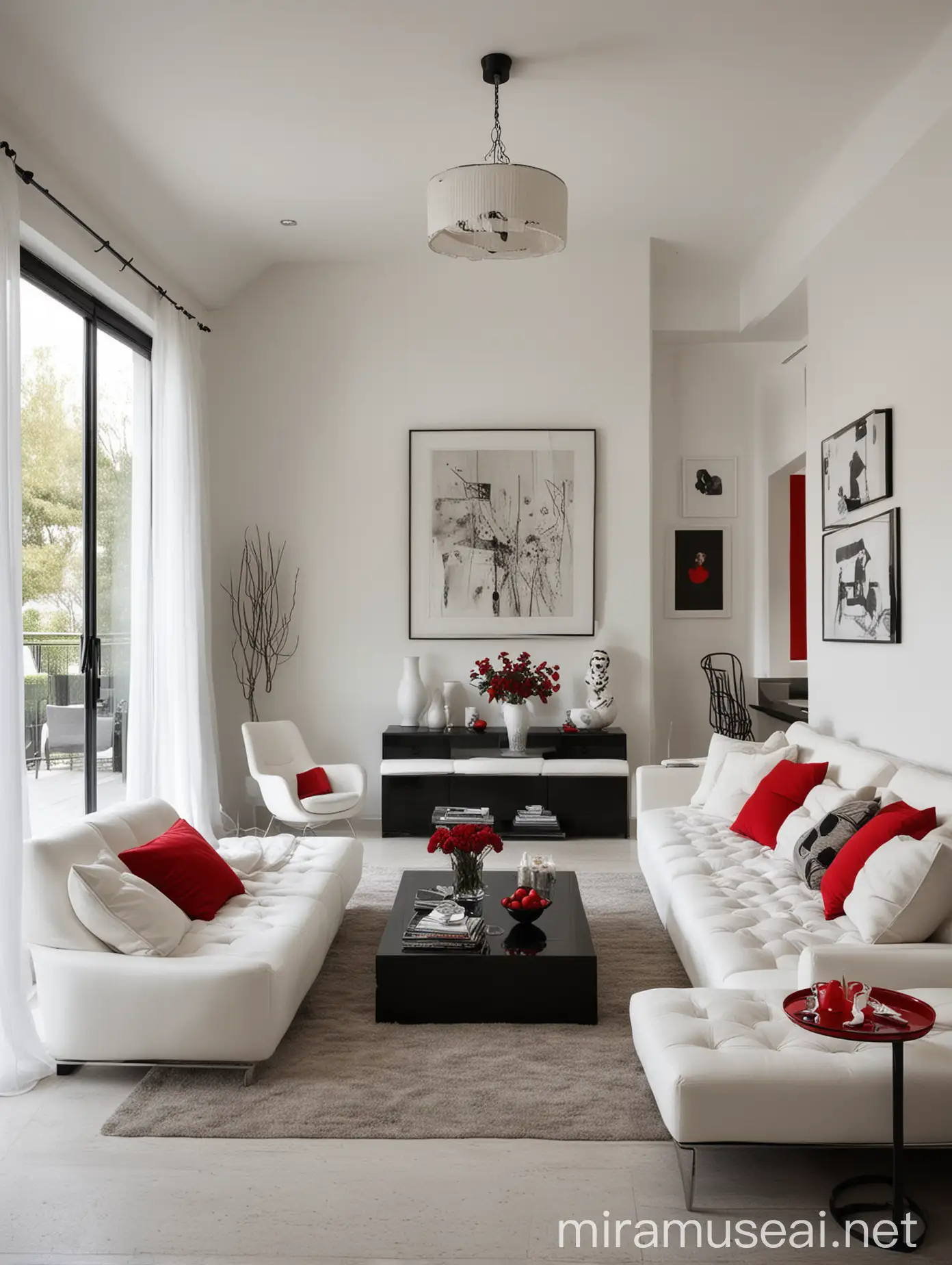 Una sala de una mansión lujosa, moderna paredes blancas muebles rojos y negros