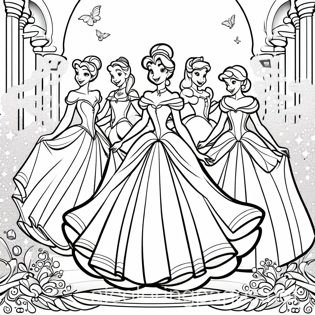 disney cindrella with friends, Coloring Page, black and white, line art, white background, Simplicity, Ample White Space. The background of the coloring page is plain white to make it easy for young children to color within the lines. The outlines of all the subjects are easy to distinguish, making it simple for kids to color without too much difficulty