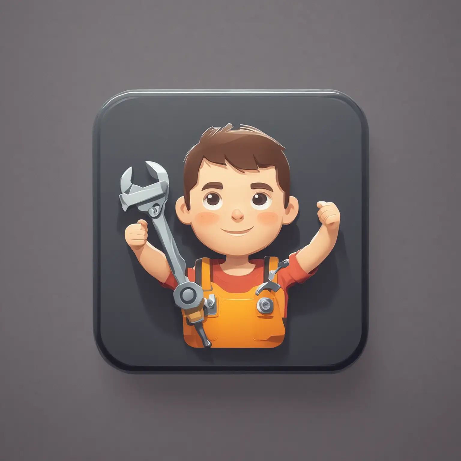 Generate an app's icon, square with rounded corners, a mechanic boy holding a wrench, flat style, colored