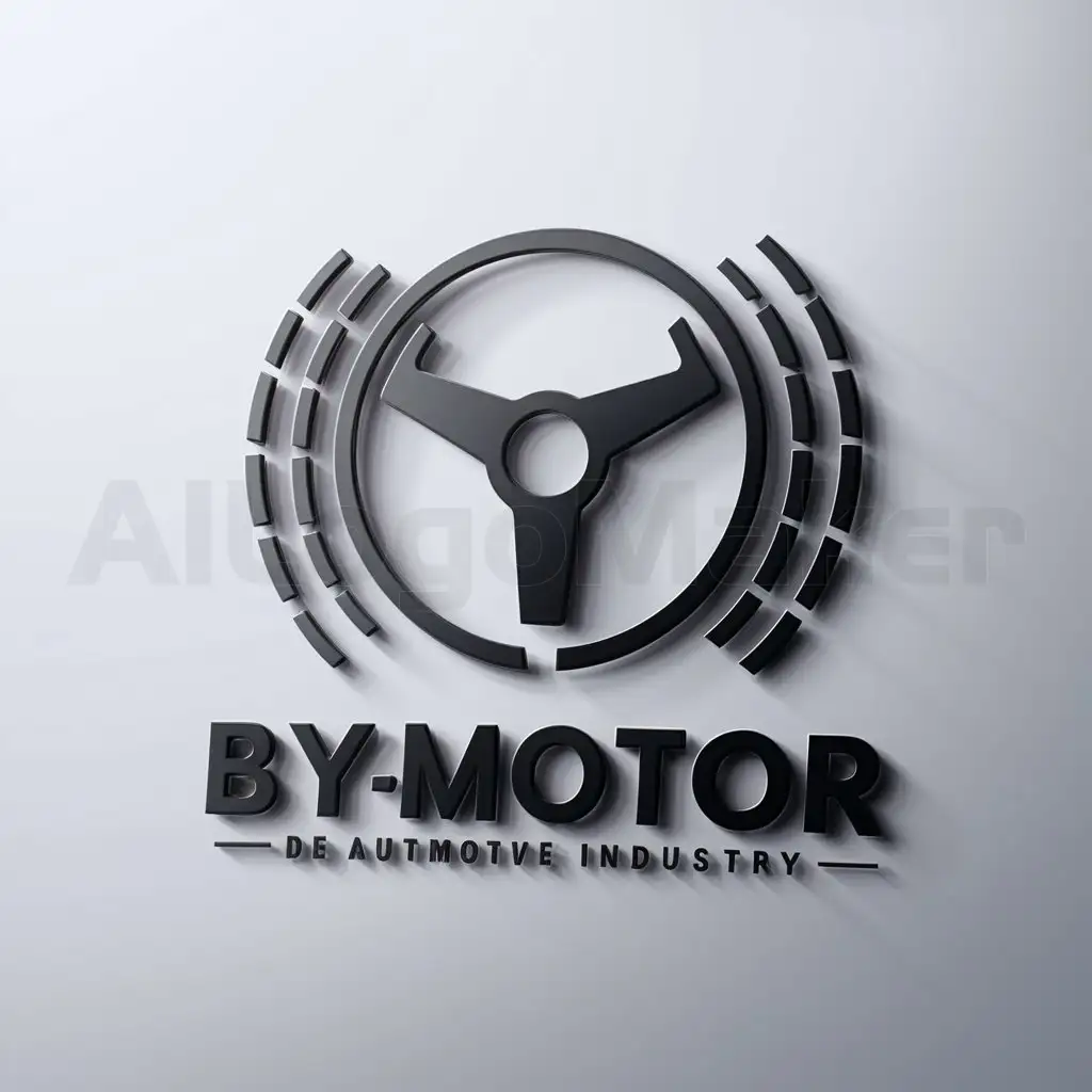 a logo design,with the text "ByMotor", main symbol:Volant de commande au centre of two wheels that skid,complex,be used in Automotive industry,clear background