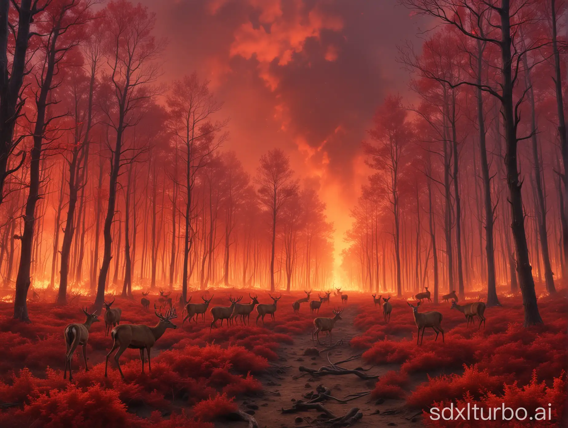 a forest on fire, a sky of crimson, a group of deer fleeing from the forest