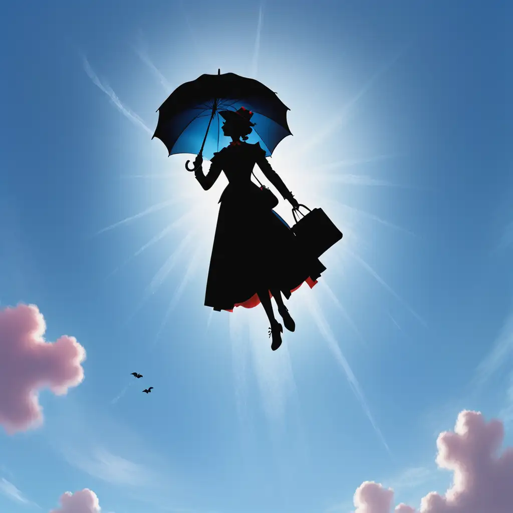 Silhouette of Mary Poppins floating down front he sky holding her umbrella.