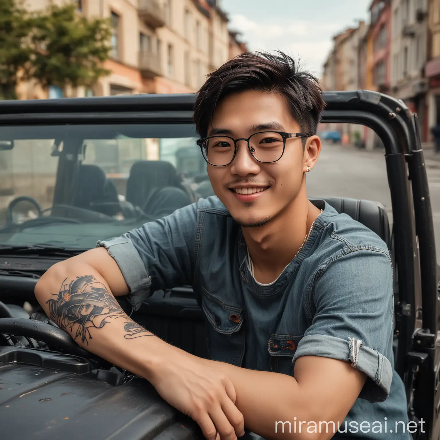 Handsome Korean Man with Koi Fish Tattoo in Jeep Rubicon at Sunrise