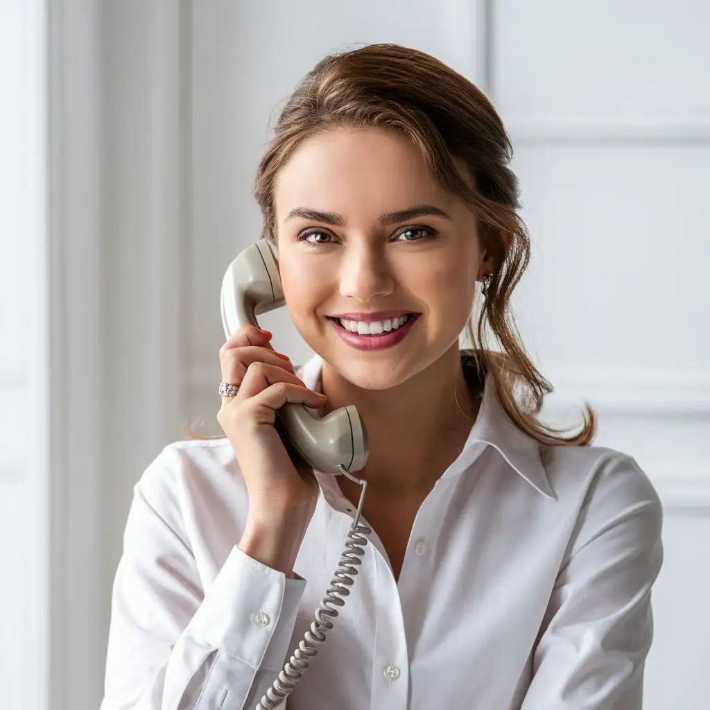 young European woman administrator, brown hair, holding a landline phone, white shirt, smile, white background around, photo