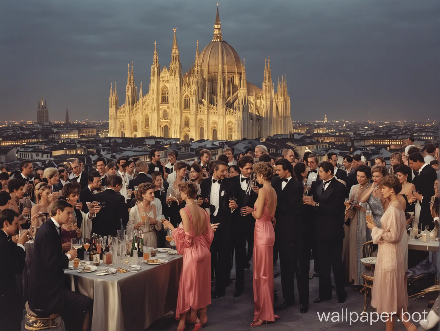 1985 full color photo, Illustrate a sophisticated cocktail party on a rooftop overlooking the majestic Milan Cathedral, with guests in chic 80s fashion enjoying panoramic views of the city