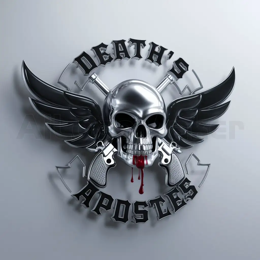 a logo design,with the text "DEATH'S APOSTLES", main symbol:Logo of a biker motorcycle club, which is worn on the back of jackets. Main colors: black and red.nnDescription of the logo:nThe logo should be 3D, in a modern stylennCentral element: crossed pistols on the background of a glossy silver skull with black wings, from which blood is dripping.nUpper rocker: inscription in Gothic font DEATH'SnLower rocker: inscription in Gothic font APOSTLES,Moderate,clear background
