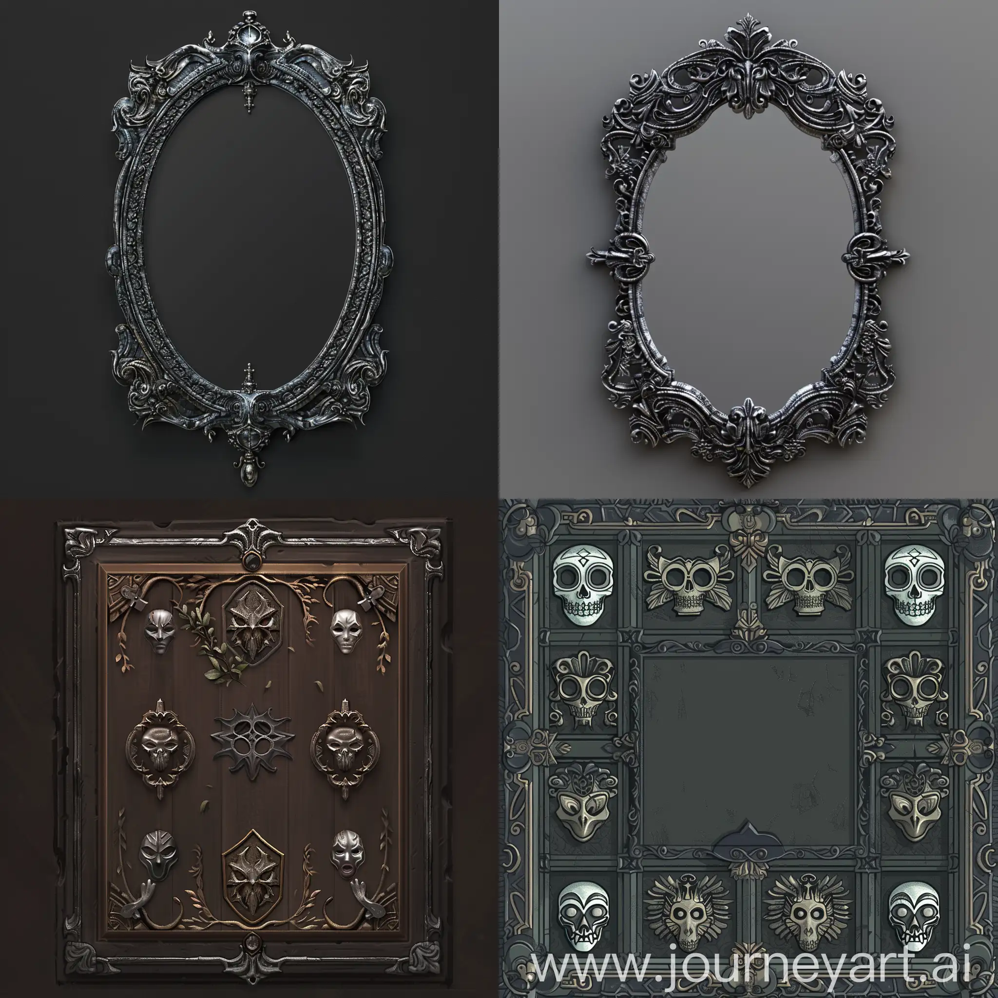 The mirror has an elegant and exquisite frame made of dark wood with silver patterns that depict the various masks used in the game. These patterns may glow slightly, drawing attention to the mirror. "Pixel Game" "Old game" "2d game" "Pixel art"