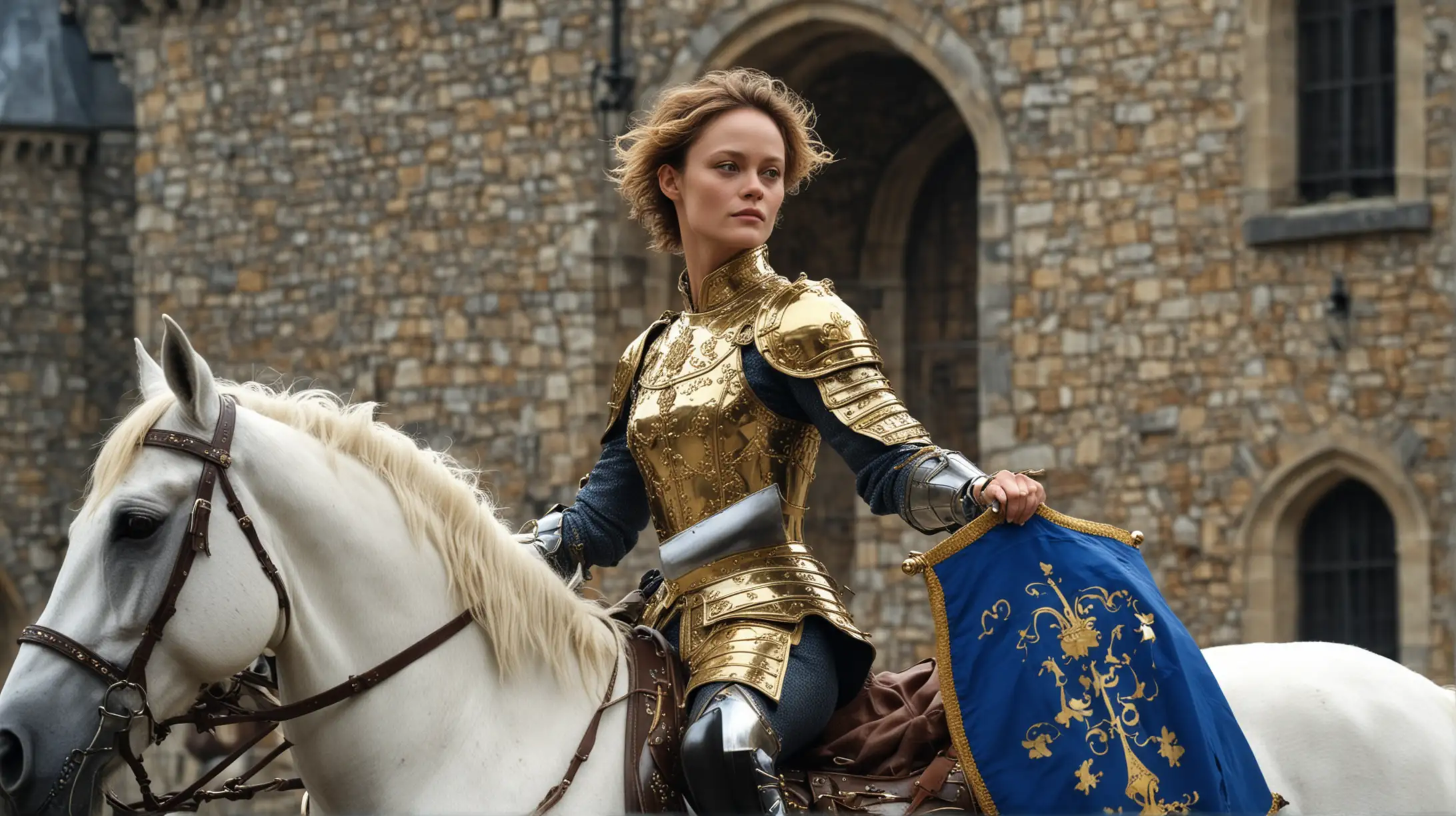 Vanessa Paradis, in fifteenth century signet ring armor, without helmet, very short hair, the breastplate is cut to accommodate the chest, she rides a white horse caparisoned, she holds the blue flag with gold borders and stylized white fleurs-de-lys of the King of France, behind her, we see very far a castle and a troop of knights,  photography, realistic