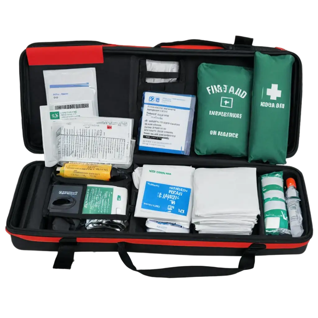 create image include "The Basic Kit includes first aid items, navigation aids, fire starters, and food and water provisions for your safety and preparedness"