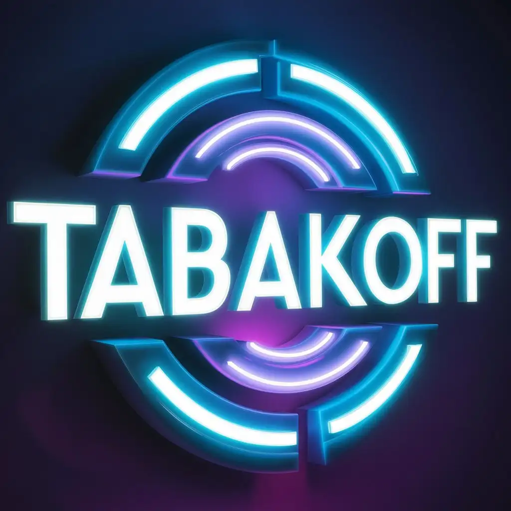 неоновый  логотип "Tabakoff" с синими и фиолетовыми цветами  