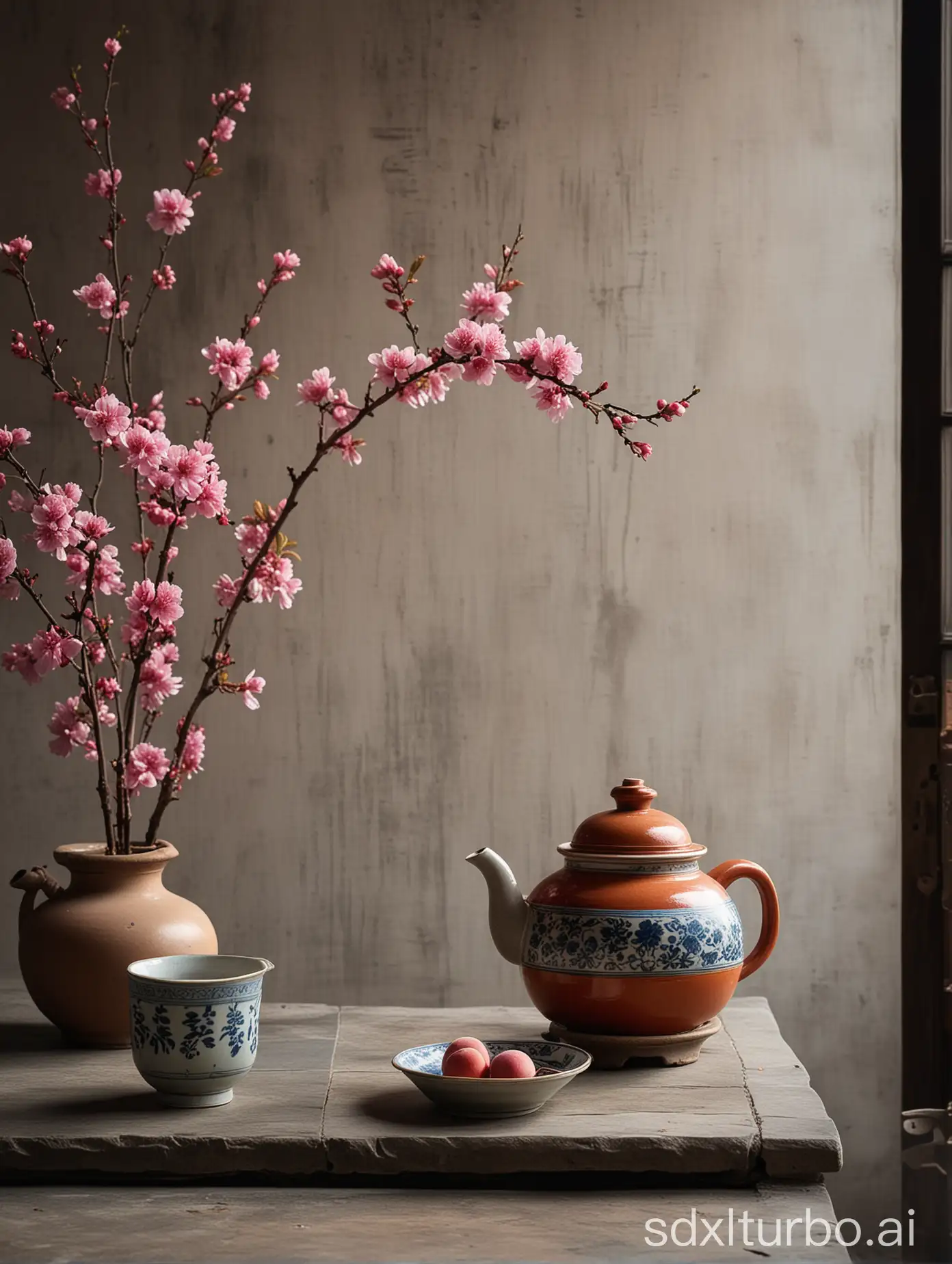 In the ancient town of Jiangnan, there was an old house with gray walls and tiles on the top. There was a small teapot next to it, as well as two flower pots full of blooming peach blossoms in various colors. A bowl filled with tea sat beside them. This scene embodied the style of Chinese photography, showcasing exquisite details and natural light. It captured high-definition images using Canon cameras. In cinematic tones, the images showcased traditional architecture and flowers in the style of traditional Chinese photography.