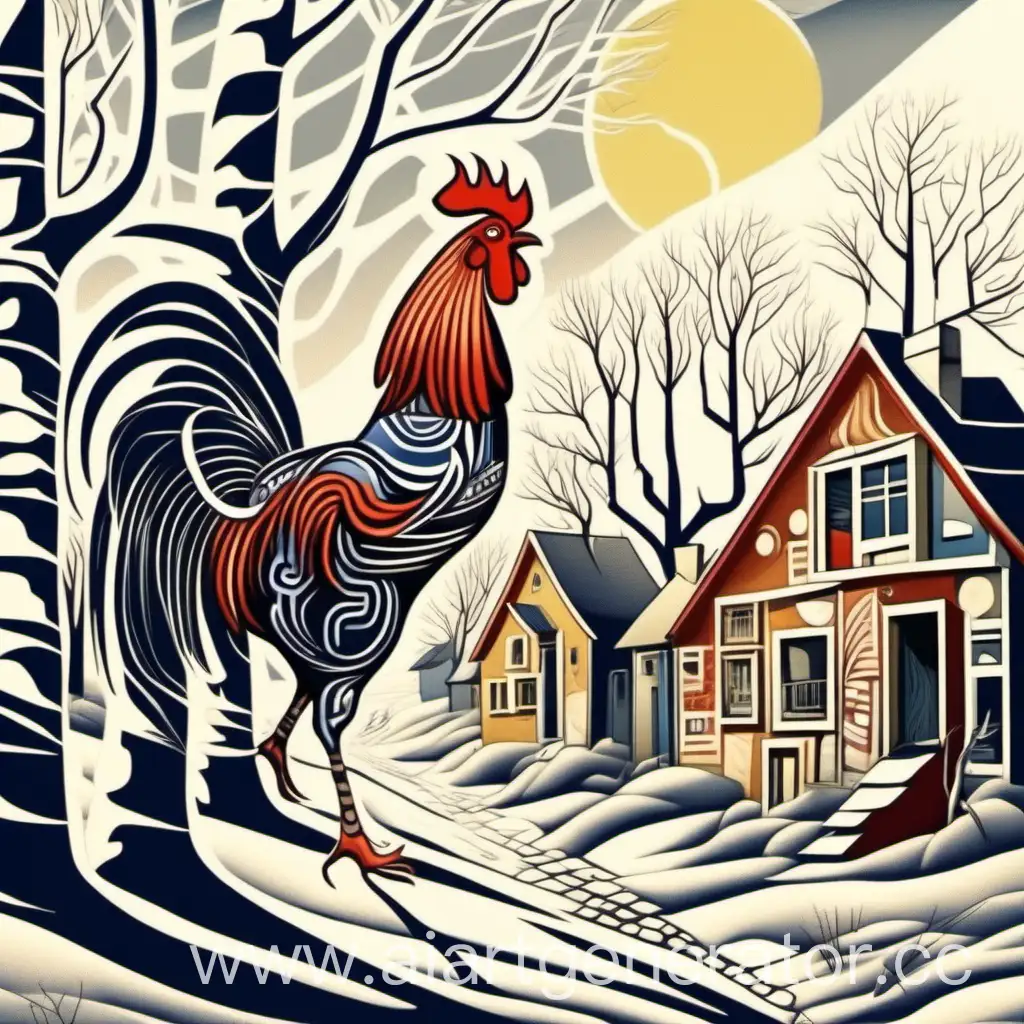 Rooster-in-Village-Setting-Wearing-Boots-and-Caftan-Inspired-by-Futurism