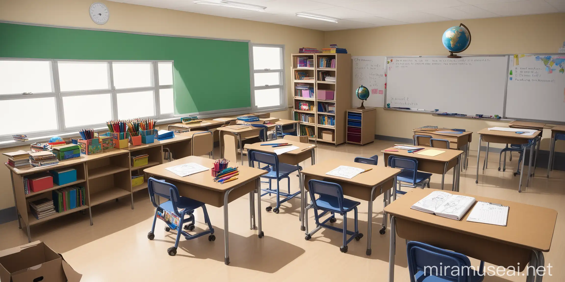 Interactive Classroom with Teachers Table Student Desks and Educational Resources
