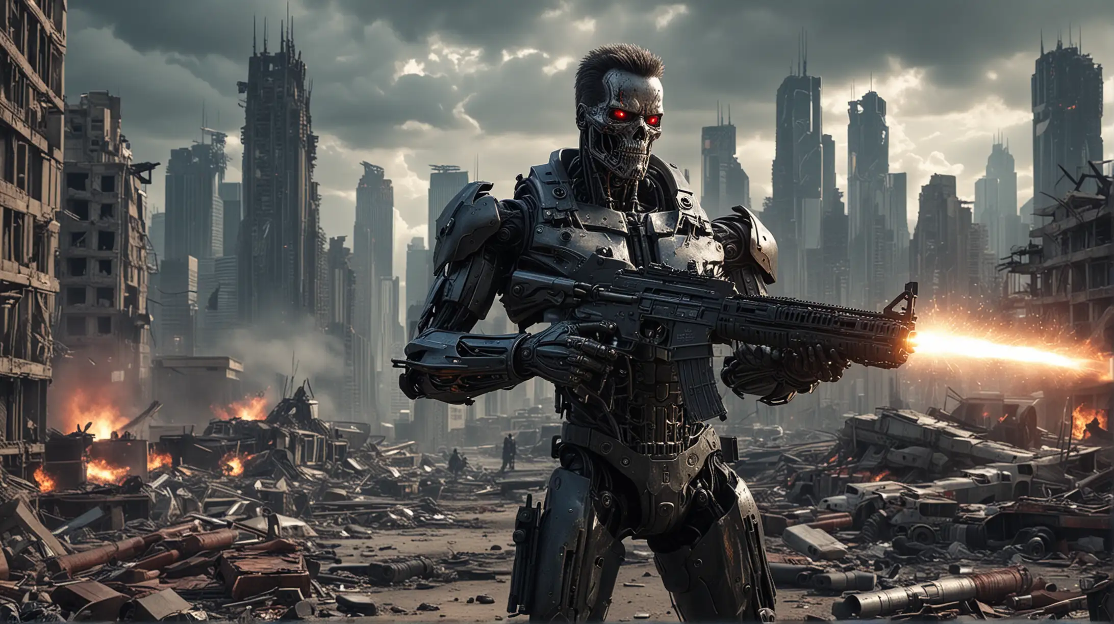 Cinematic, hyperrealistic daylight. A T800 terminator with large machine guns. The action takes place against the backdrop of a ruined city with skyscrapers, with an emphasis on blue electric discharges similar to lightning and sparks, creating a tense atmosphere. hyperrealism.