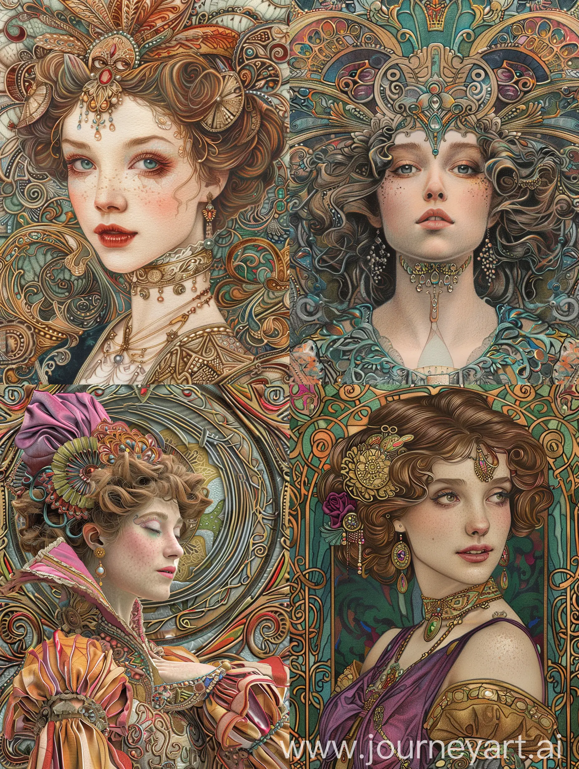 Laurie lipton highly detailed color rendering highly embellished decorative nouveau lady,greebles, colorful. 