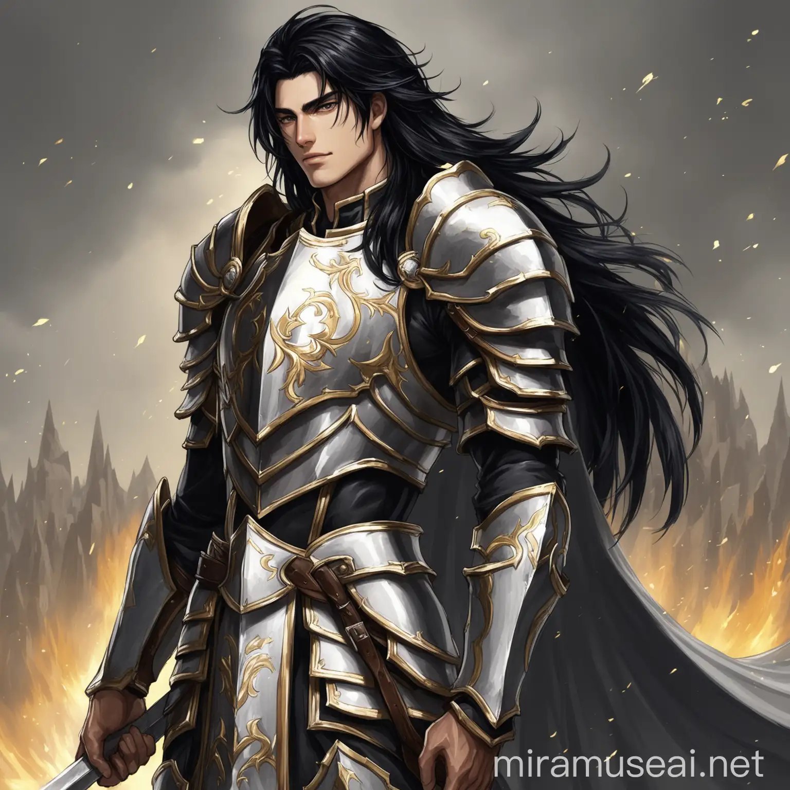 Human male paladin long black hair and strong