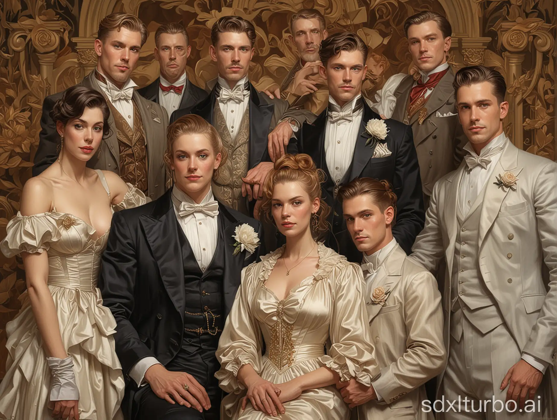 a family portrait containing all sexy men in Leyendecker illustration style