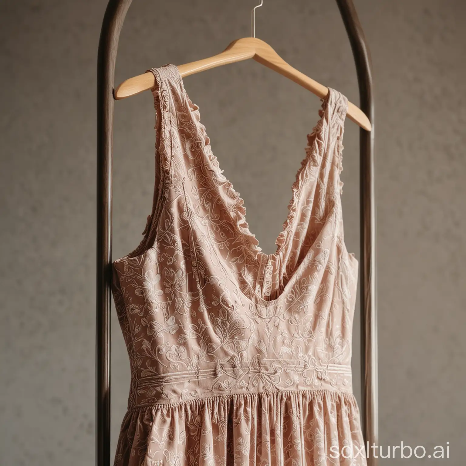 A close-up image of a women's dress hanging on a clothes rack. The dress is made of a luxurious fabric and has a beautiful design.
