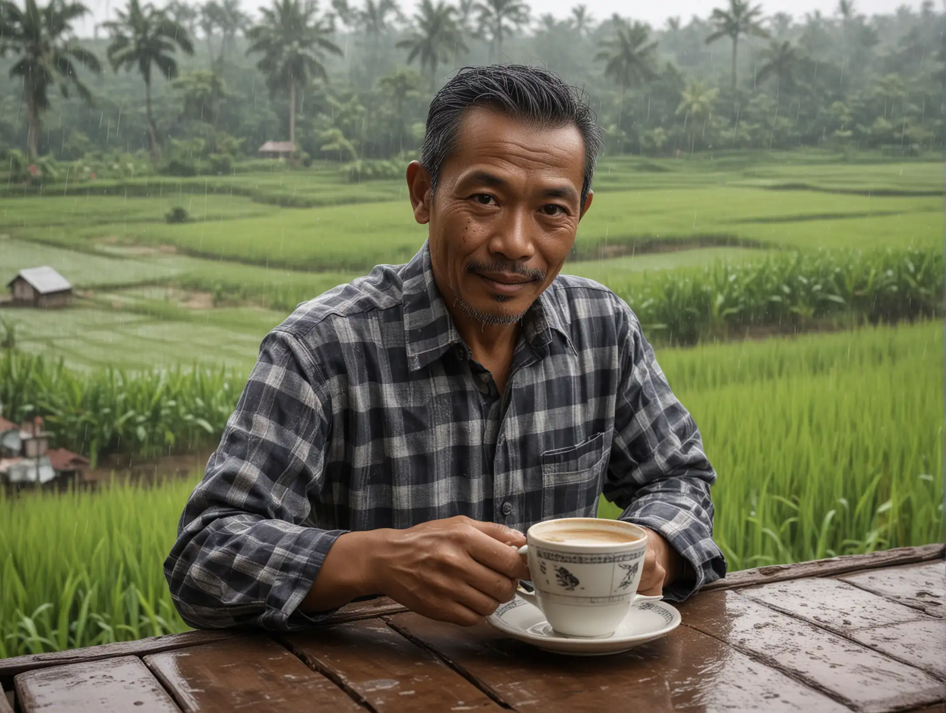 Seorang bapak Indonesia usia 50 tahun,sedang menikmati secangkir kopi di teras rumah,menggunakan kaos oblong,background sawah yang sedang hujan, ultra realistis