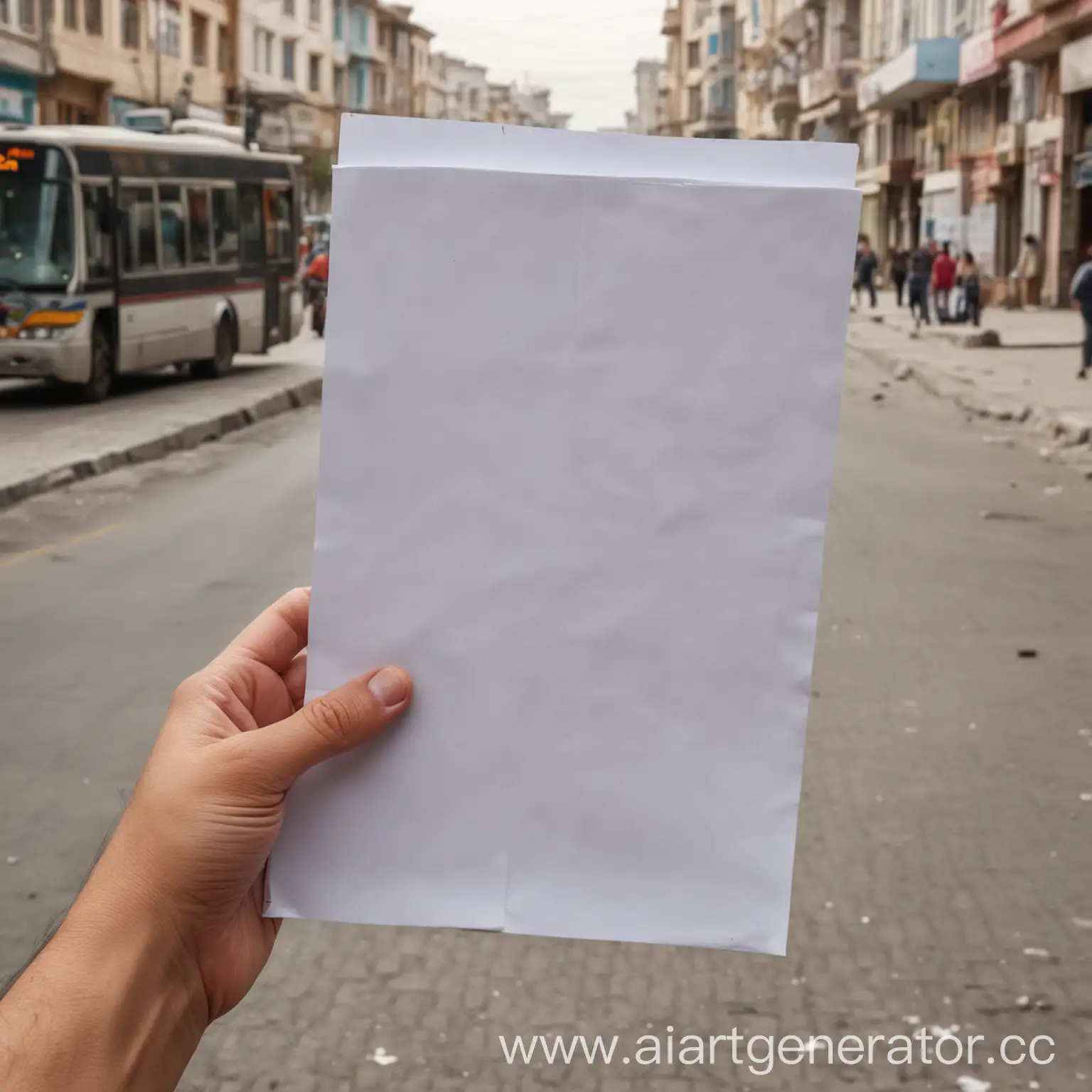 Ровный и пустой листок бумаги в руке на фоне улицы в Душанбе, Таджикистан