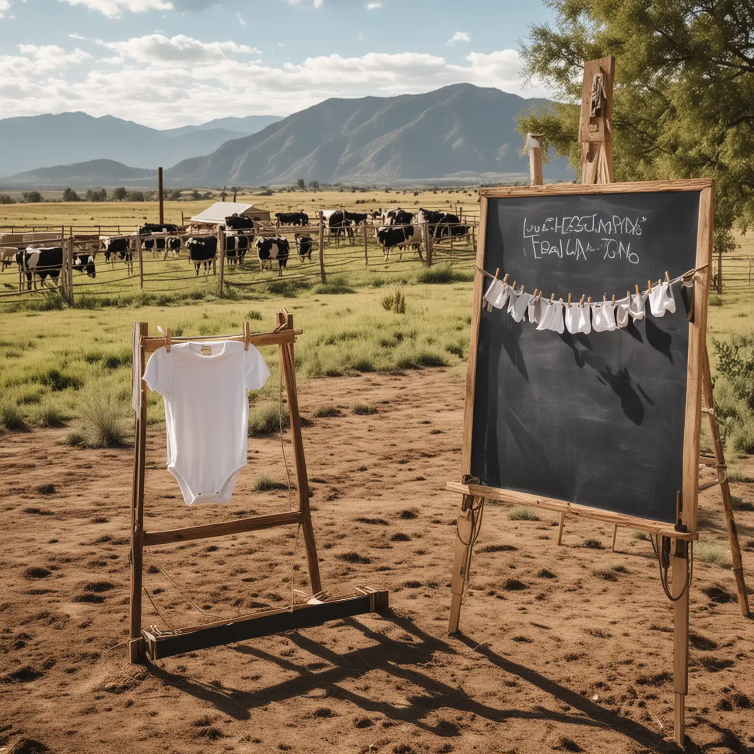 hanging clothesline in front of a western farmland scene with cows, a small baby onesie hanging on the clothesline, baby cowboy boots on the ground, 1 large chalkboard easel on the ground, boho vibe