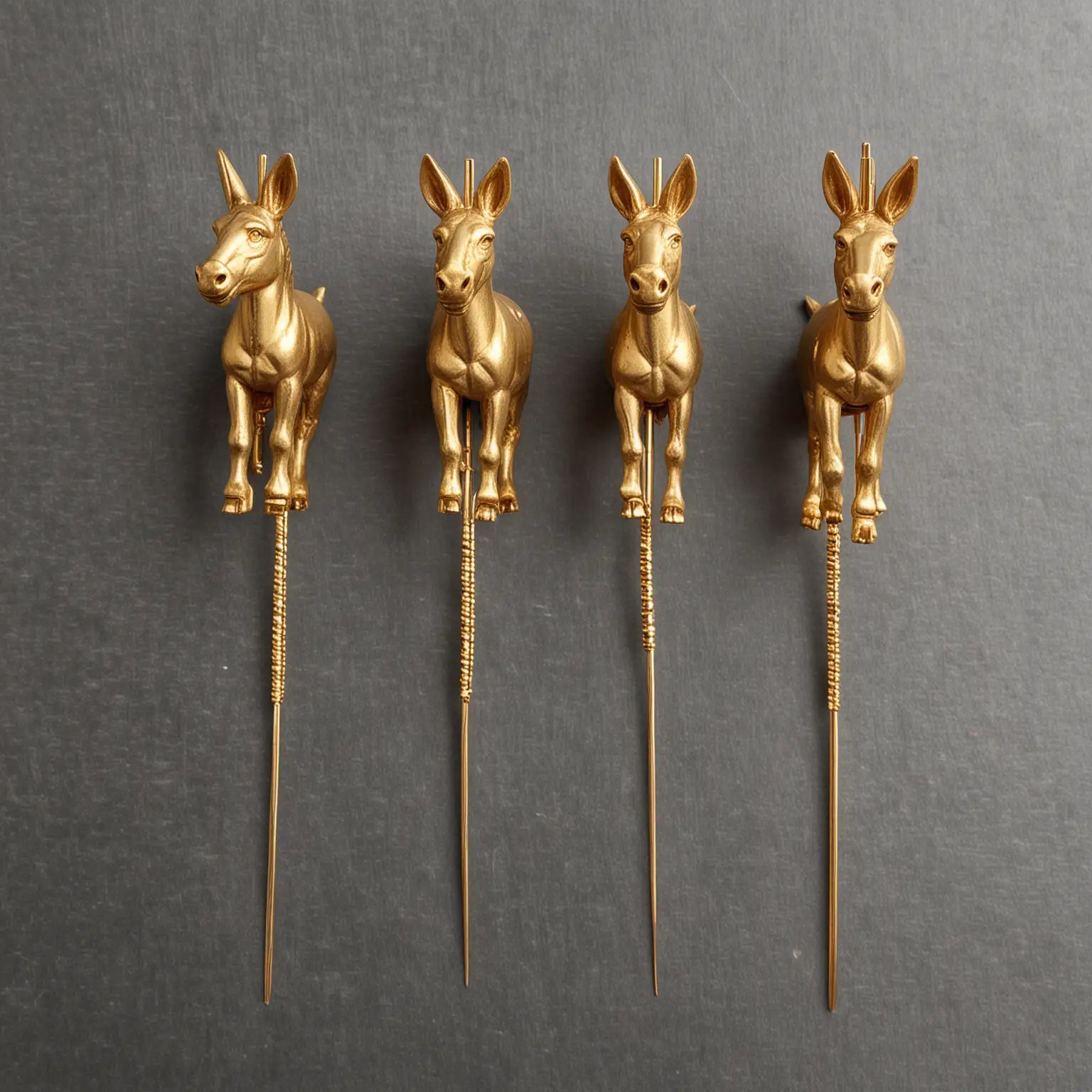 set of gold cocktail skewers with donkey figure on top