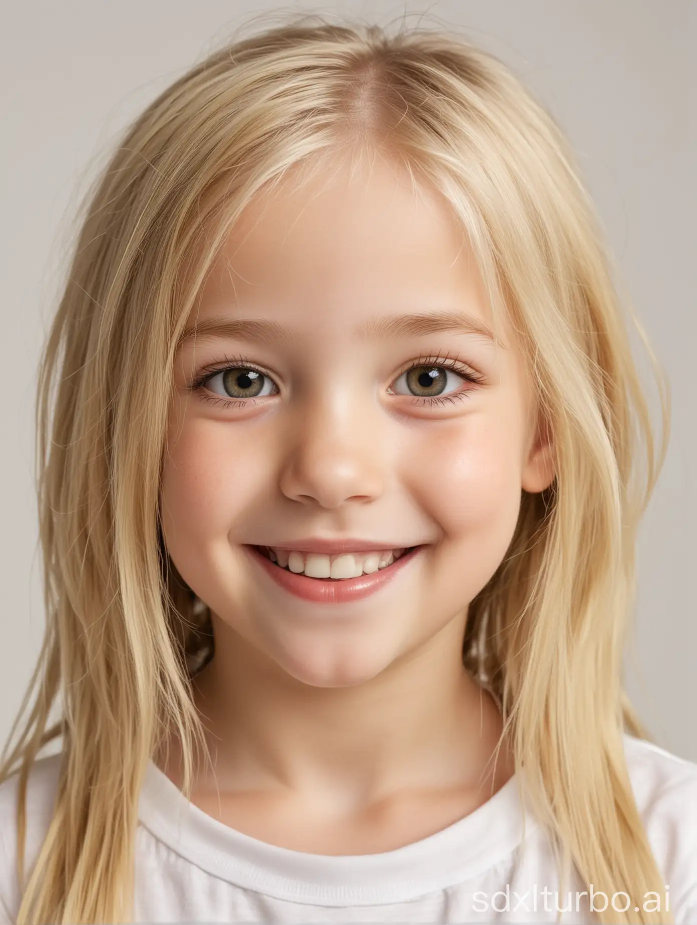 White background, real person, Girl, real, clear, cute facial features, lovely, smiling, Caucasian, about 6 years old, light yellow hair