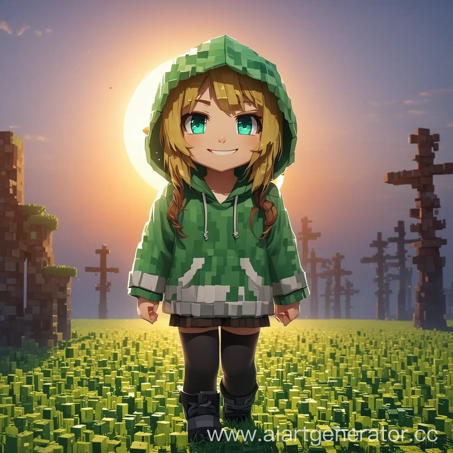 Anime-Girl-Creeper-Style-in-Minecraft-Background-with-Square-Sun