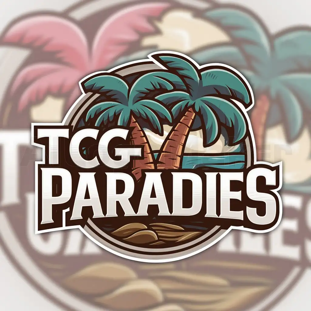 a logo design,with the text "TCG-Paradies", main symbol:Palms, simple, Colors, Anime-style, One Piece inspired, Adventure, modern, round, exciting,Moderate,clear background
