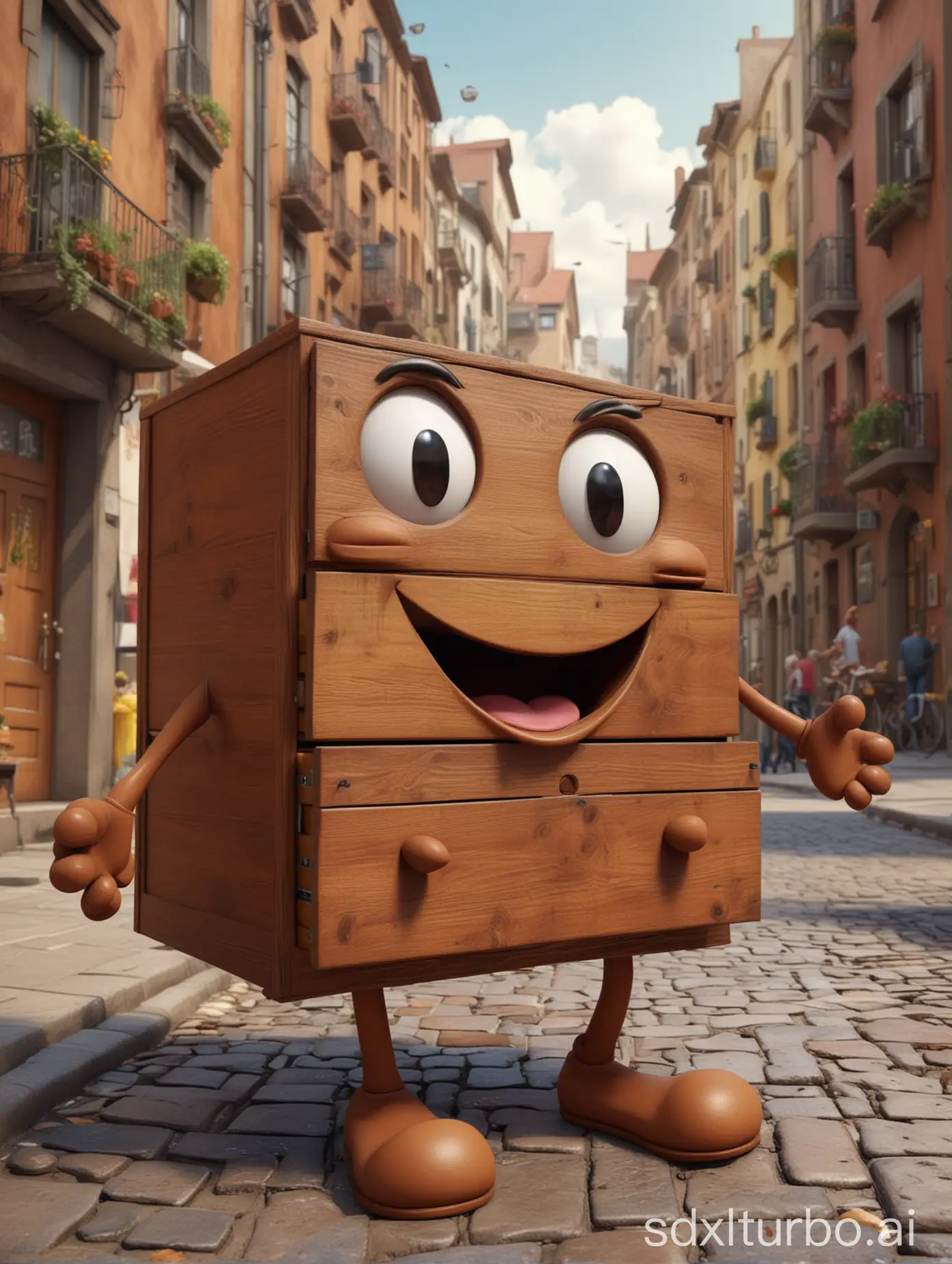 masterpiece, 4K, photorealistic,a smile face with hands and legs in a shape of a brown four-layer drawer,it merrily prancing along a lively and colorful street, cartoonish, bustling city backdrop