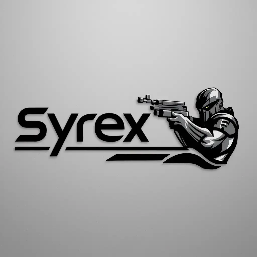 a logo design,with the text "Syrex", main symbol:Cyber warrior with automatic weapon in hands,Moderate,be used in Sports Fitness industry,clear background