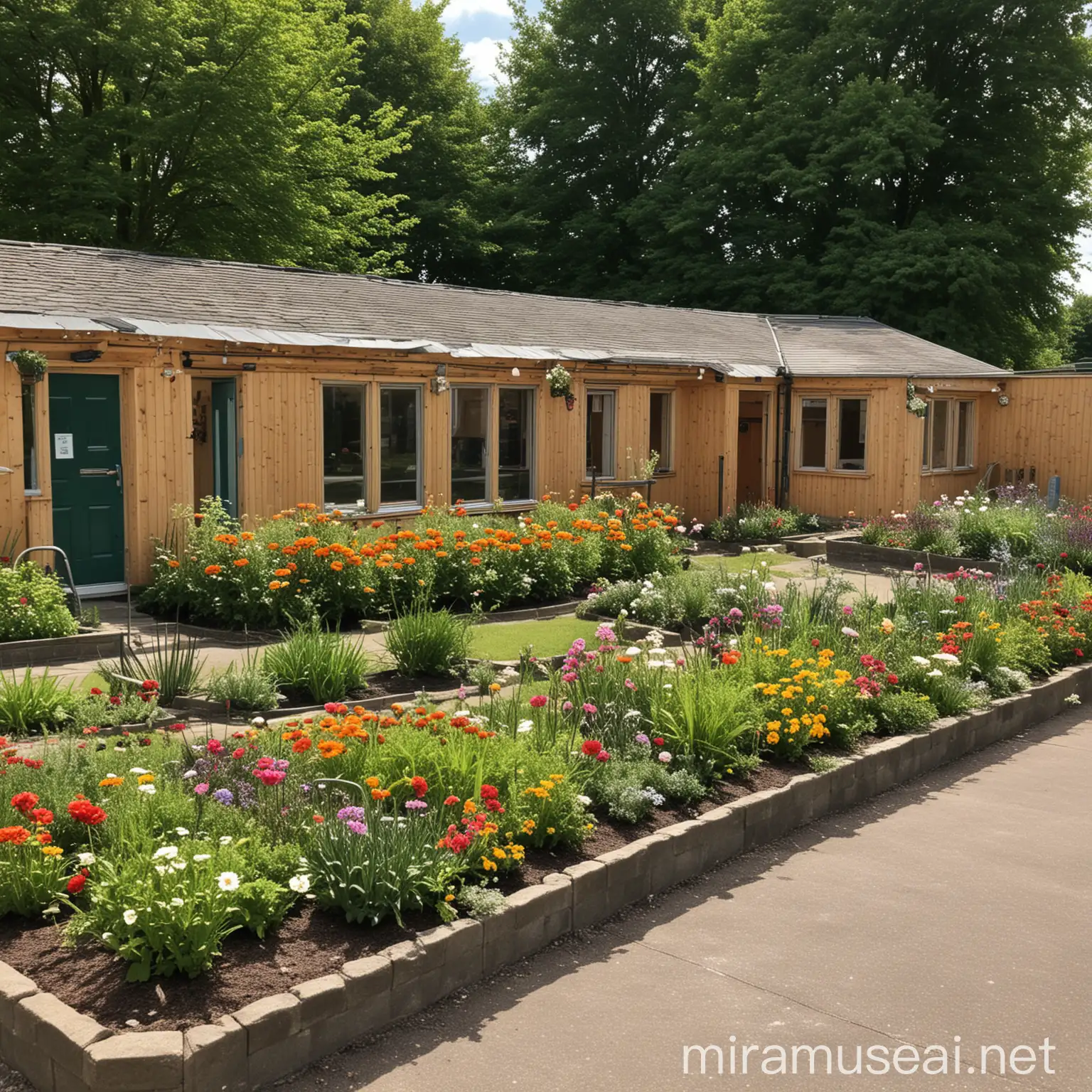 salón de colegio  por fuera con jardineras a los lados 