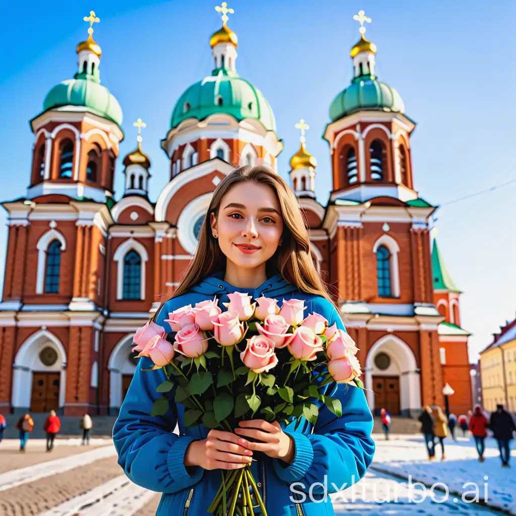 The girl stands in front of the Assumption Cathedral in the city of Smolensk. She is holding a bouquet of roses.