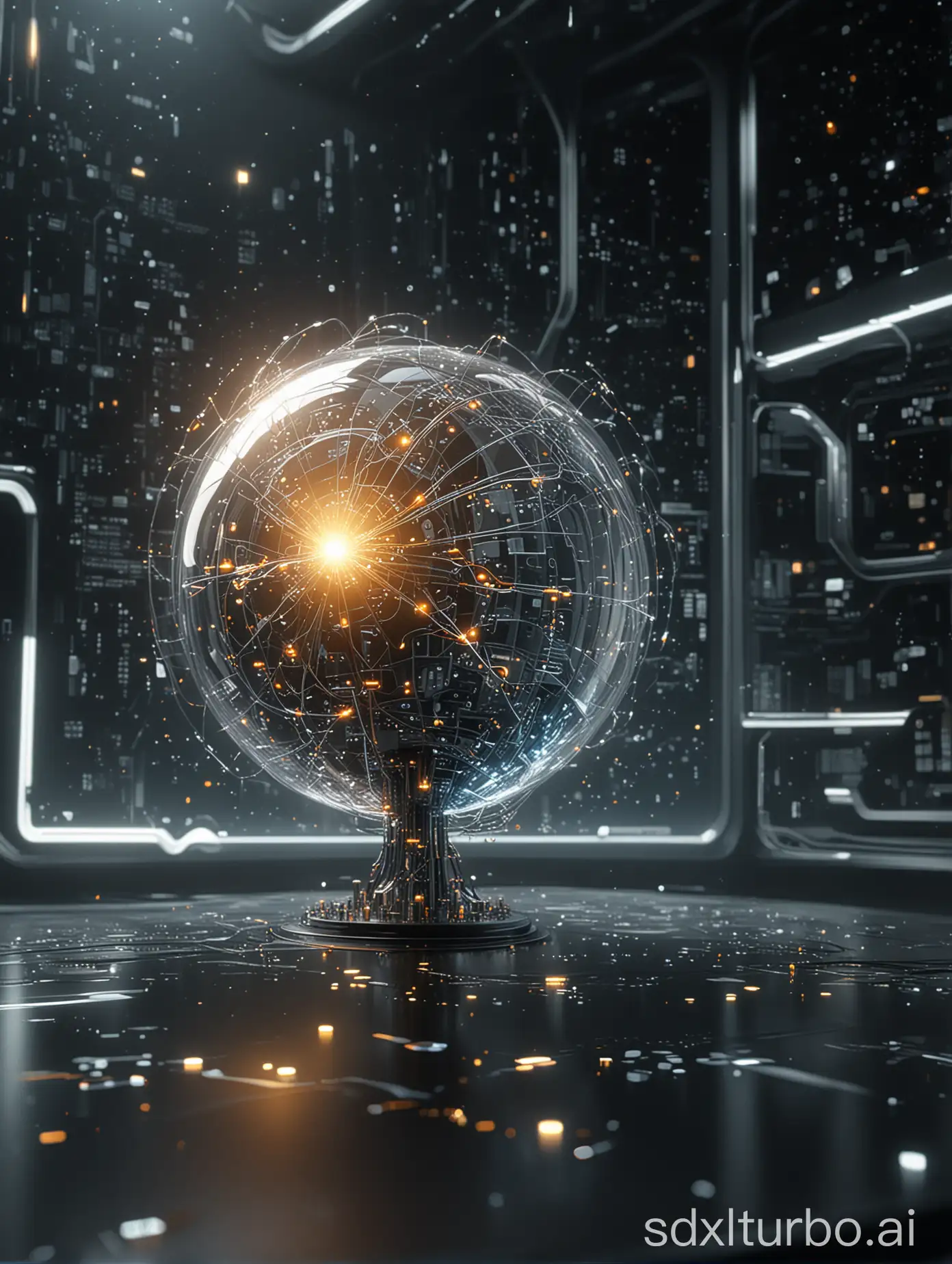 Create a 3D, hyper-realistic visualization of big data and AI's future, with a focus on a digital neural network and luminous data streams set in futuristic cyberspace. Use Octane Render for high-quality textures and HDR lighting, emphasizing technology's vast potential beyond the transparent hand, 32k —ar 3:4