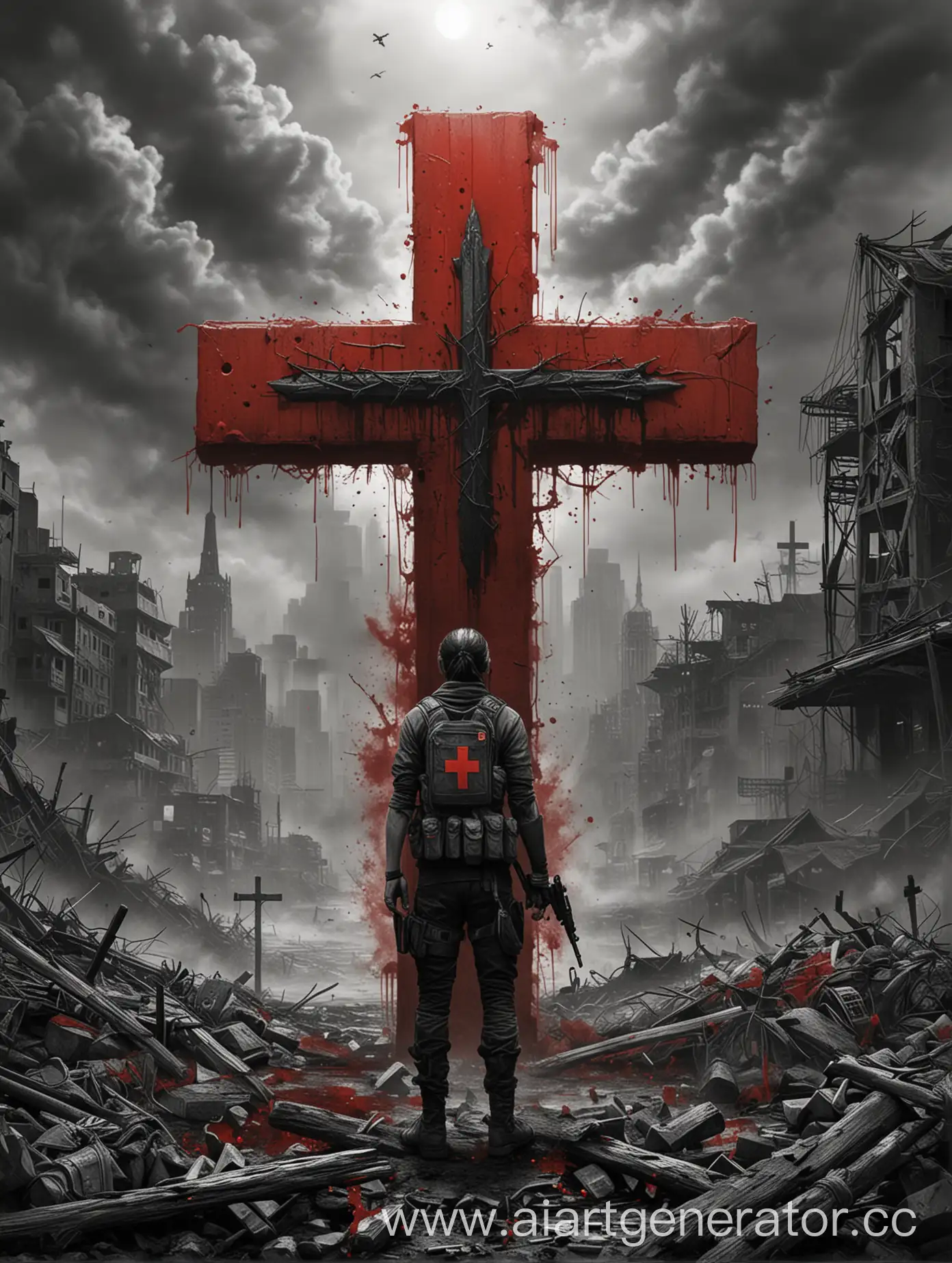 Нарисуй обложку для книги с названием "Красный крест" В стиле черно-красный, с крестом и в стиле пост апокалипсис