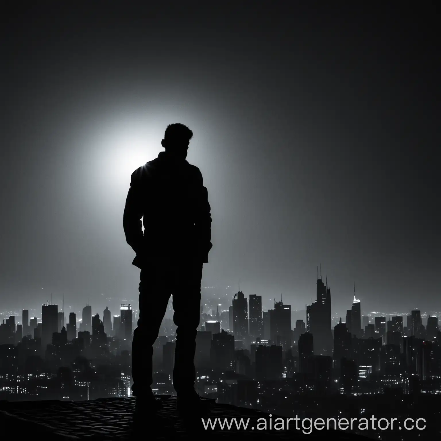 A black silhouette of a man standing on the roof with his back against the background of the night city