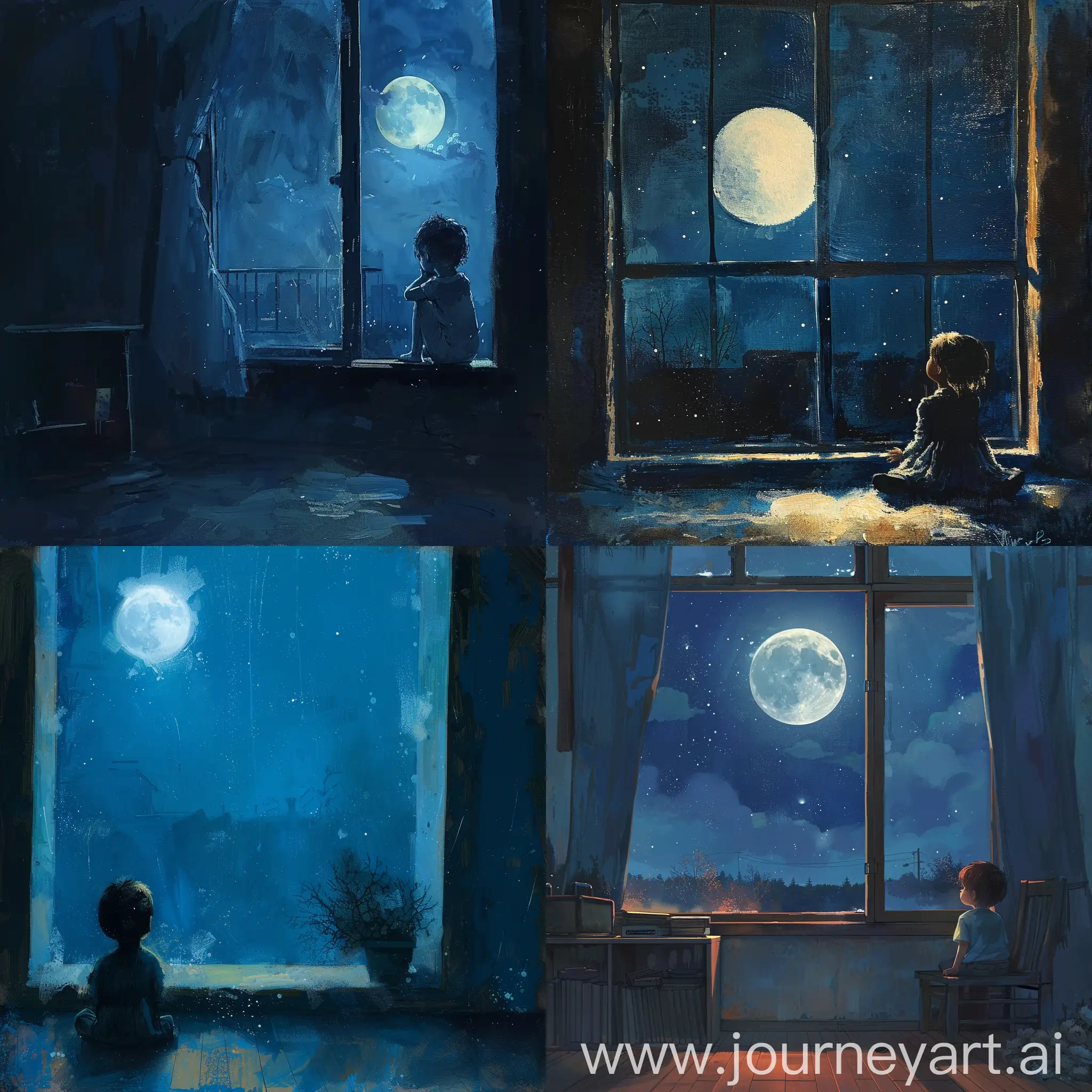 "A child looking at the bright moonlight shining on the floor, thinking it might be frost." "A child raising their head to gaze at the full moon in the night sky." "A child lowering their head, thinking of their distant hometown." "A peaceful night scene with a child by the window, illuminated by moonlight, with a touch of nostalgia."