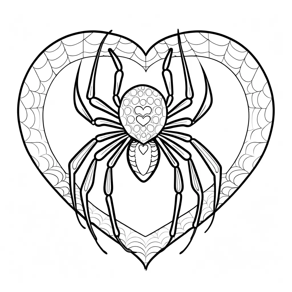 kawaii queen spider heart killer, Coloring Page, black and white, line art, white background, Simplicity, Ample White Space. The background of the coloring page is plain white to make it easy for young children to color within the lines. The outlines of all the subjects are easy to distinguish, making it simple for kids to color without too much difficulty