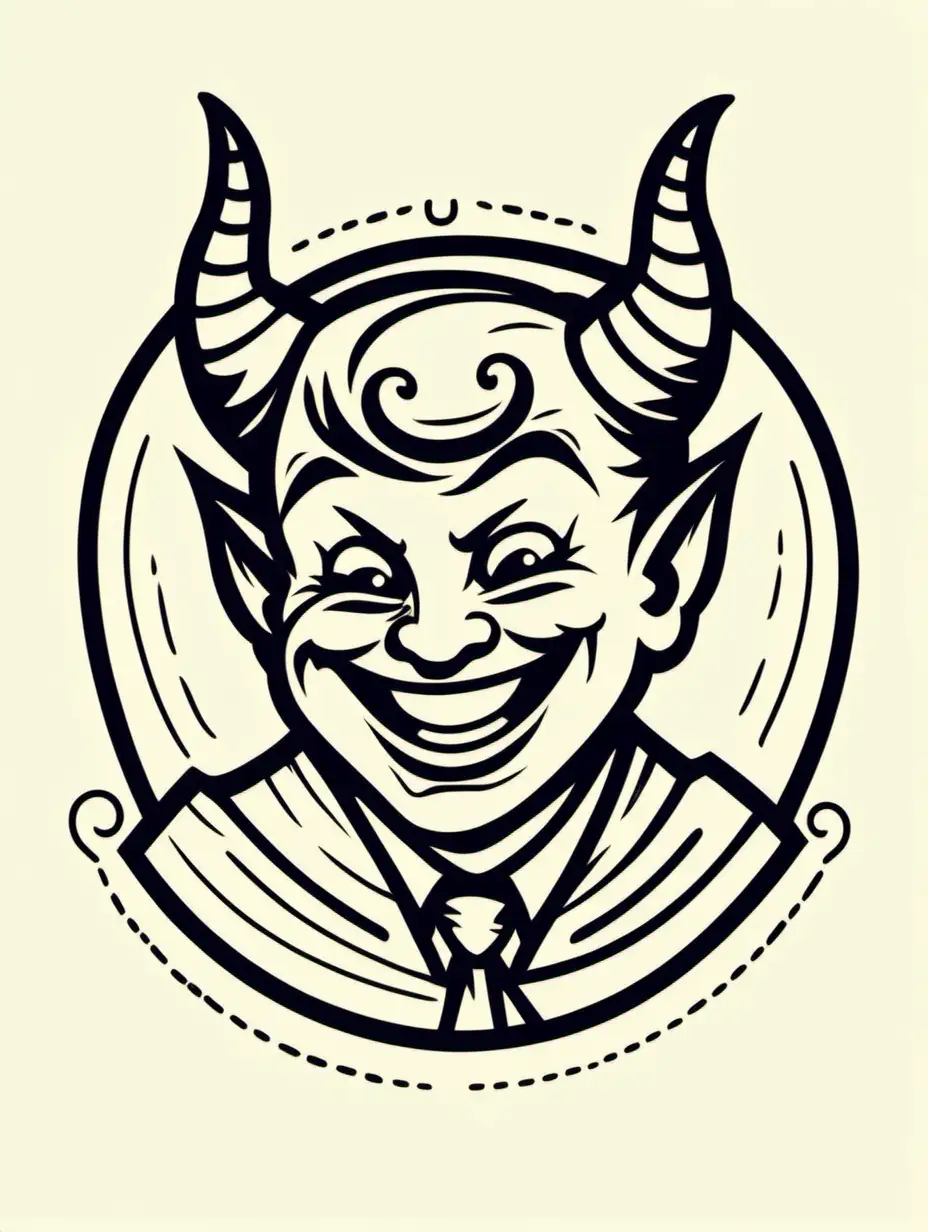 Cheerful Retro Devil Illustration with Intricate Black Lines