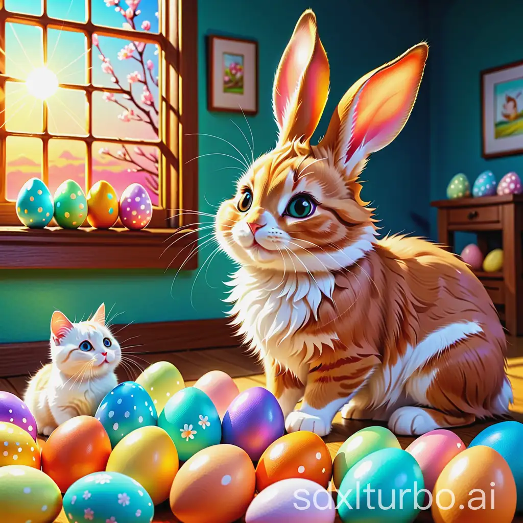Easter




Bright illustration, a fluffy rabbit gives cat colorful eggs, a joyful atmosphere, joy, happiness, a magical glow