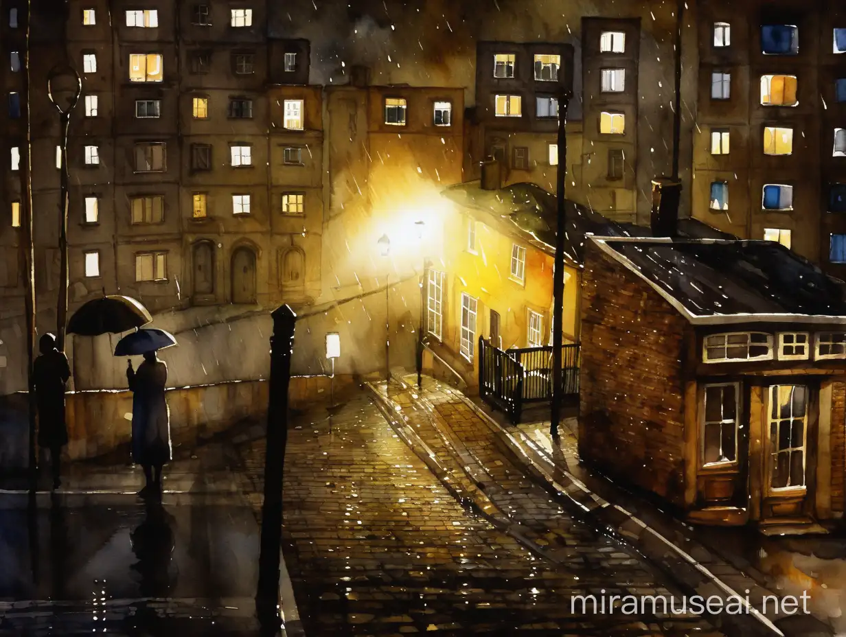 Mother Watching Dark Street in Provincial Town on Rainy Night Watercolor Scene