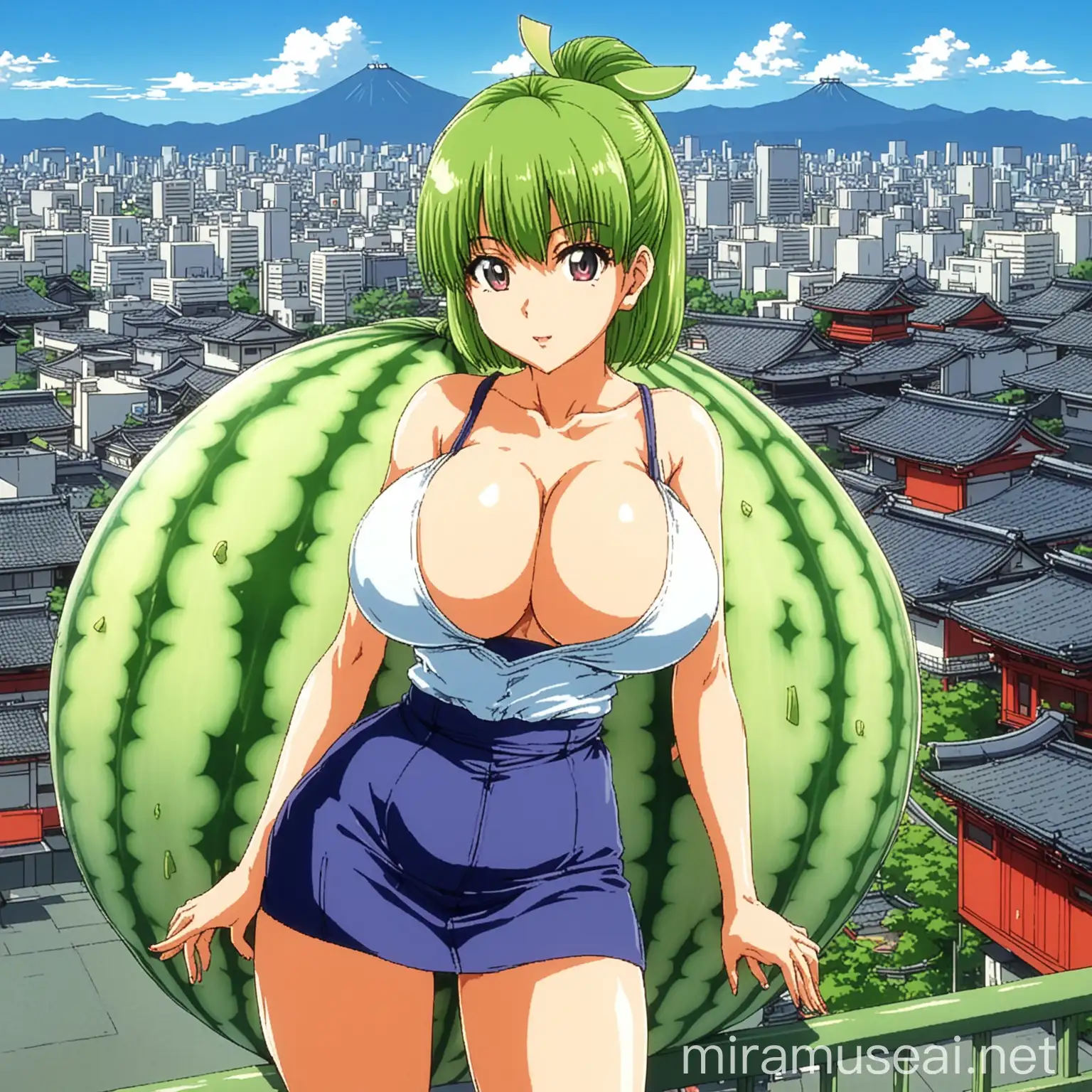 honeydew melon themed big titty anime girl with 90's japan city background