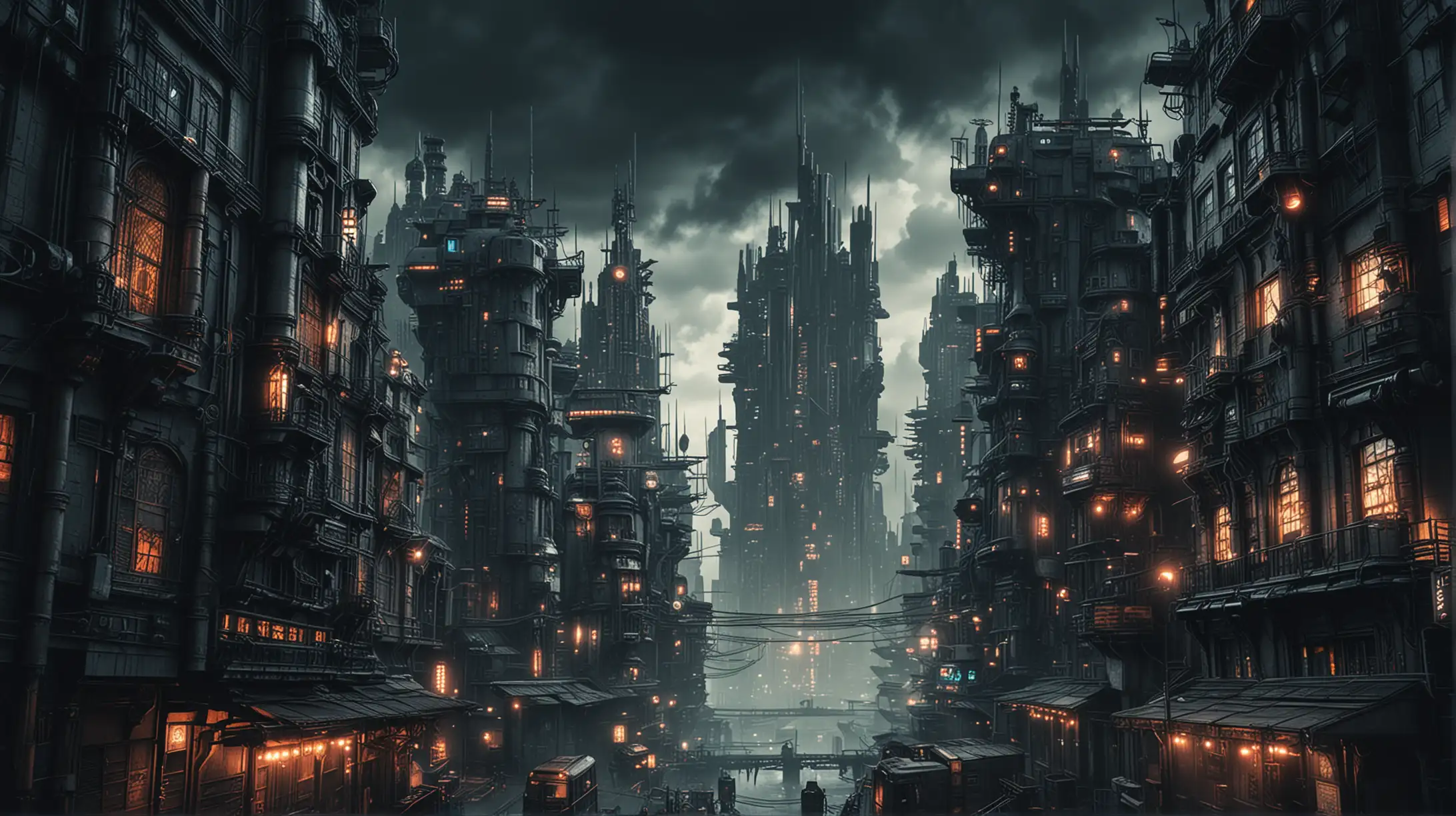 cyberpunk city with buildings in the steampunk style, dark many lights