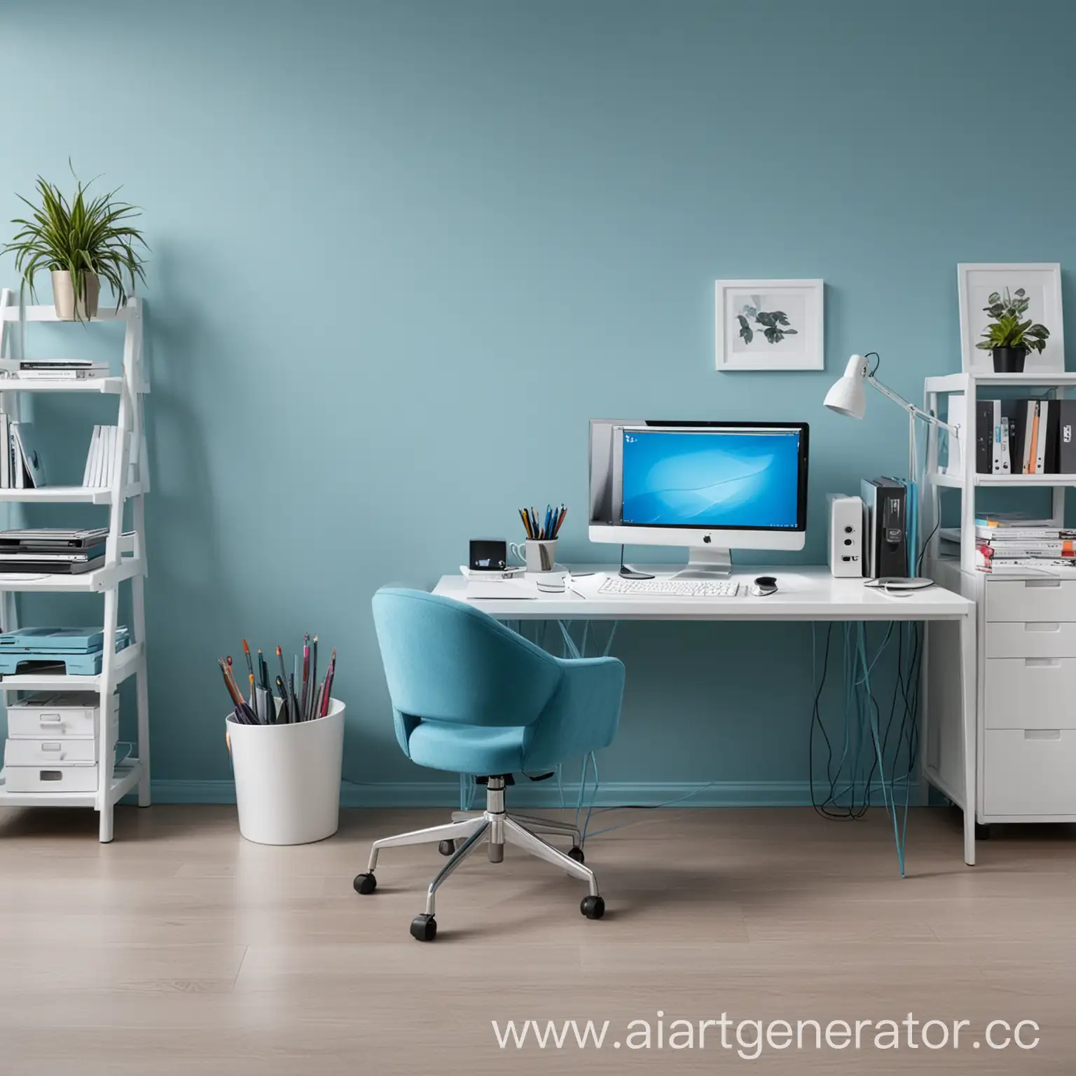 стильный, красочный, офис, синие оттенки, компьютерная техника