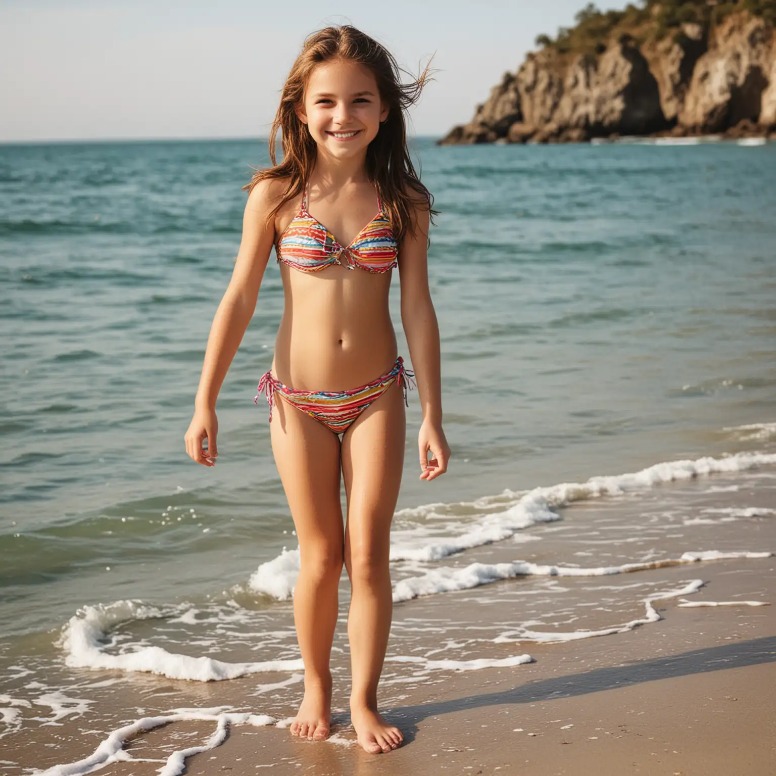 Young-Girl-in-Bikini-Smiling-at-Beach-with-Ocean-Background