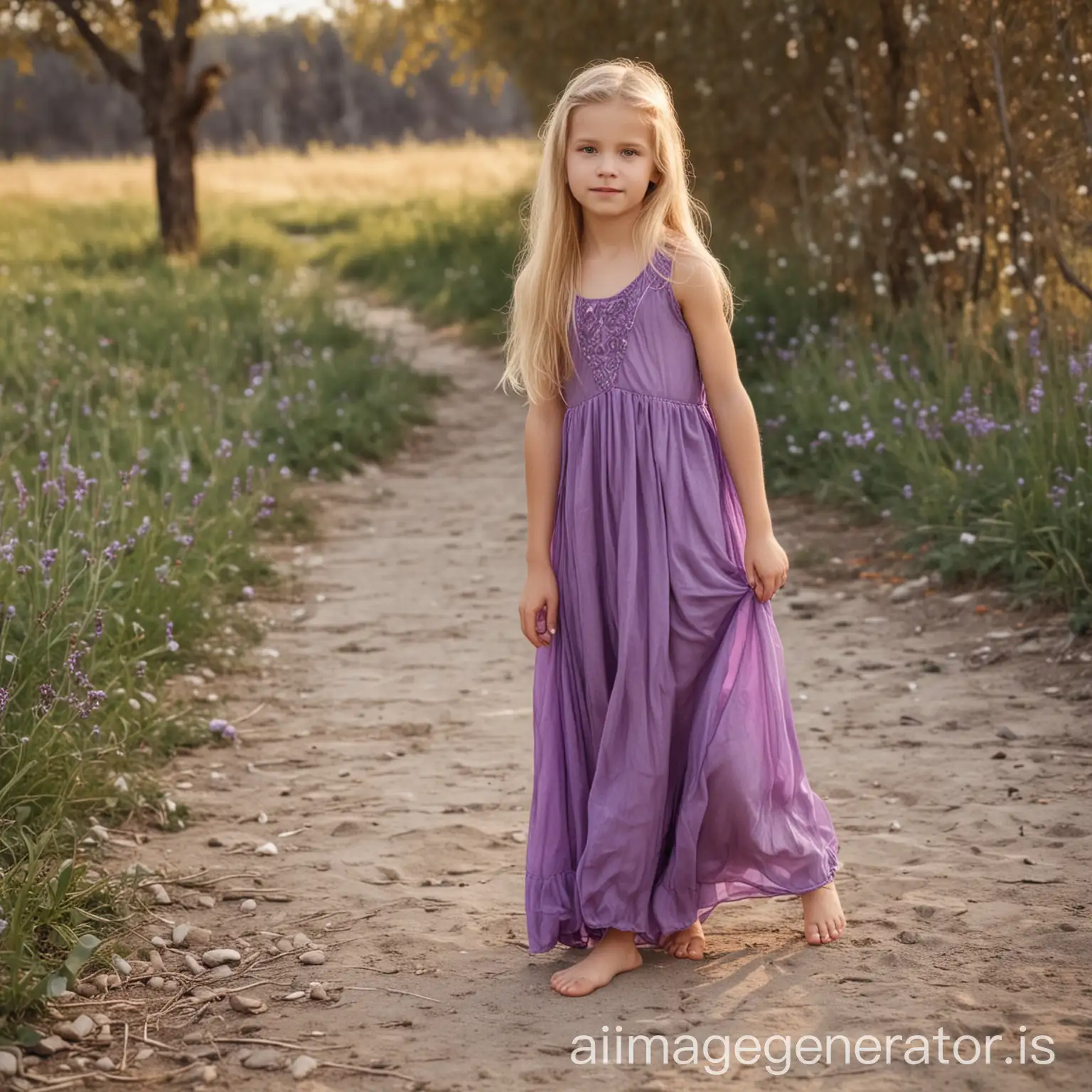 11 Years Young Cute Child Girl With Long Blonde Hair And Dress Purple Gown On And Standing Barefoot Barefeet
