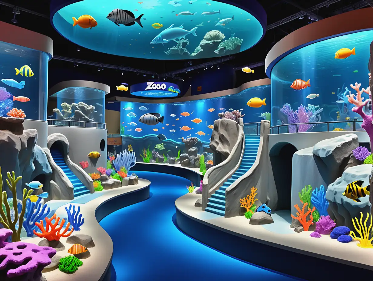 Colorful Cartoon Zoo Aquarium with Decorative Coral Reefs and Blue Water Path