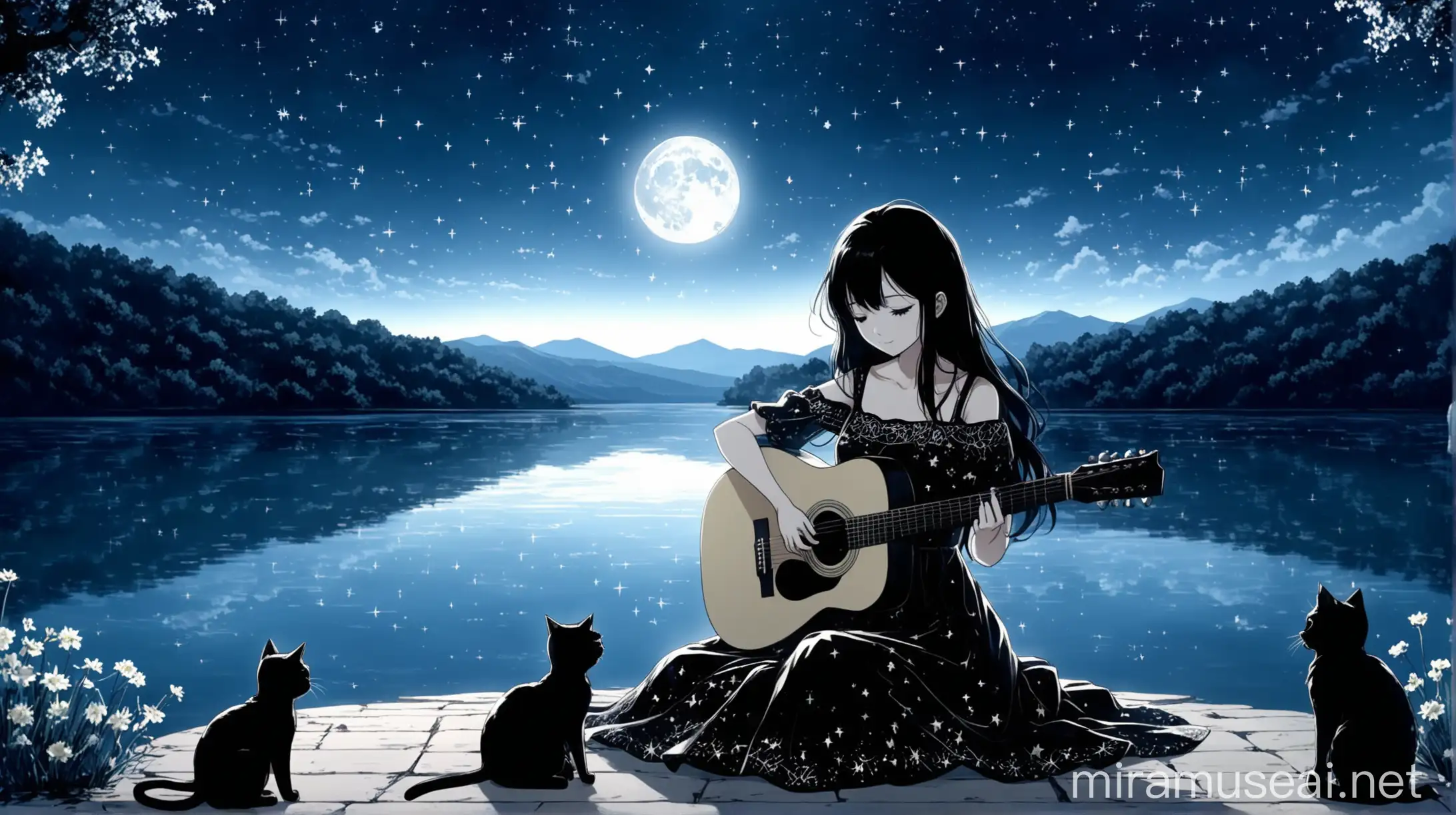 A girl, with long black hair, black and white dress with black flowers, sitting cross-legged on the ground. playing guitar, in front of her is a most majestic lake. A cat resting nearby, ▁elle, she plays her melody through the night with the Moon reflected on the lake and the stars full in the sky, style anime 