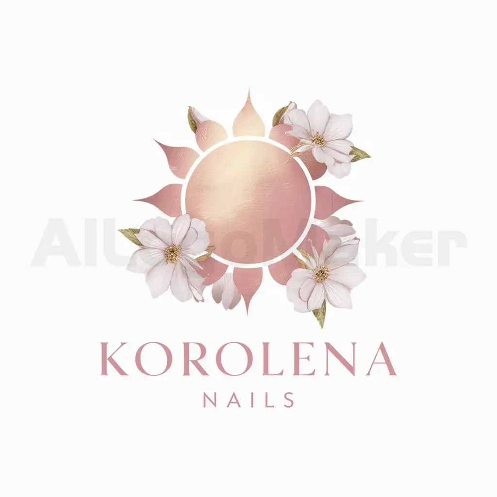 a logo design,with the text "korolena nails", main symbol:Sun, light, pink gold and white tints, flowers,Minimalistic,be used in Beauty Spa industry,clear background