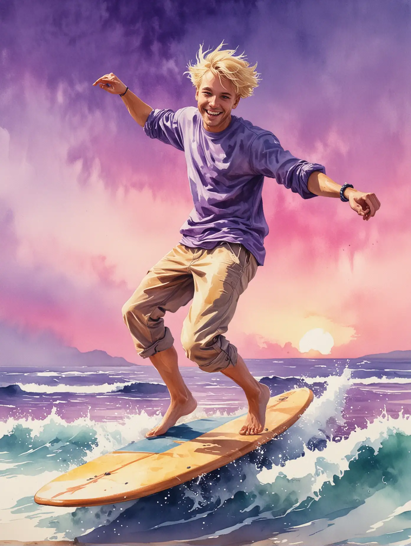 watercolor painting, blonde break dancing man smiling, hip hop dancing on a surfboard, surfing against a purple sky,